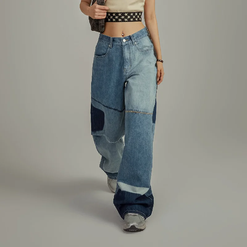 Color Matching Patches Wide Denim Jeans British Gentlewoman Style