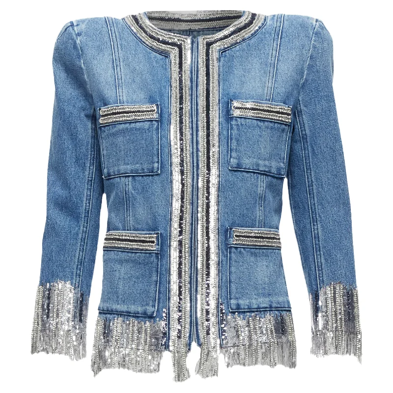 Balmain Washed Cotton Denim Silver Crystal Embellished Trim Jacket Refined Women's Velvet