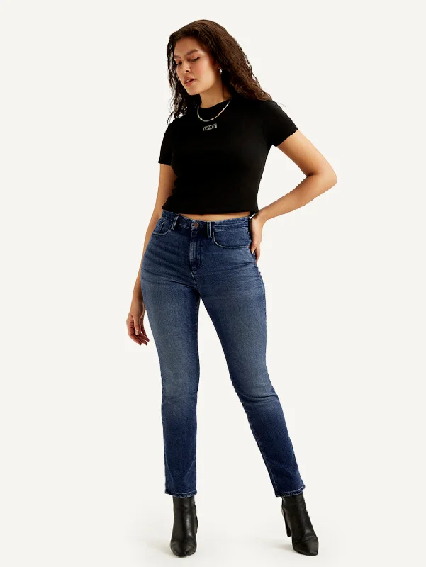 Women's Mid Rise Straight Fit Dark Blue Jeans Athletic Women's High - 