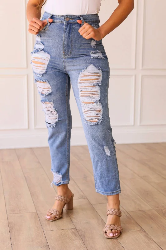 The Savannah Mid Rise Straight Fit Distressed Denim In Medium Wash Cool Women's Skate
