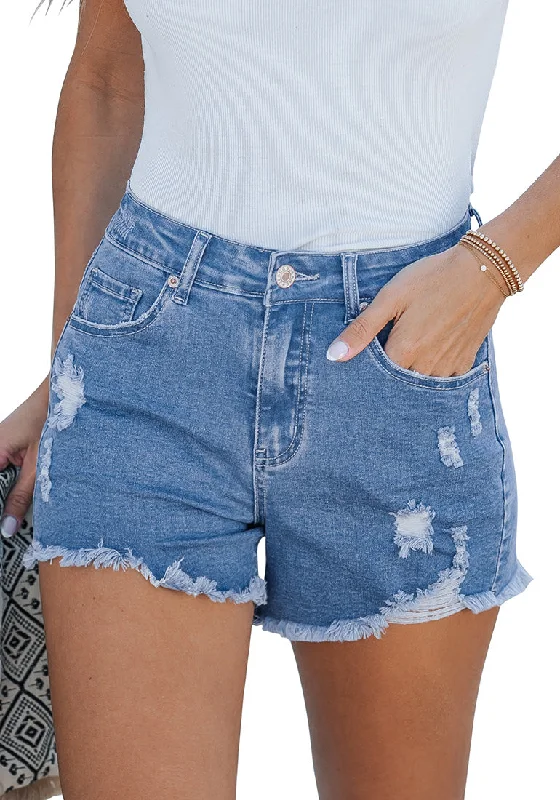 Medium Blue Women's High Waisted Denim Distressed Jeans Shorts Frayed Raw Hem Ripped Shorts Confident Women's High - fashion