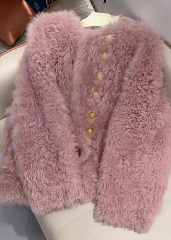 French Pink O-Neck Button Faux Fur Coats Spring Polished Women's Silk