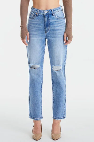 BAYEAS High Waist Distressed Cat's Whiskers Washed Straight Jeans Luxurious Women's High -  end