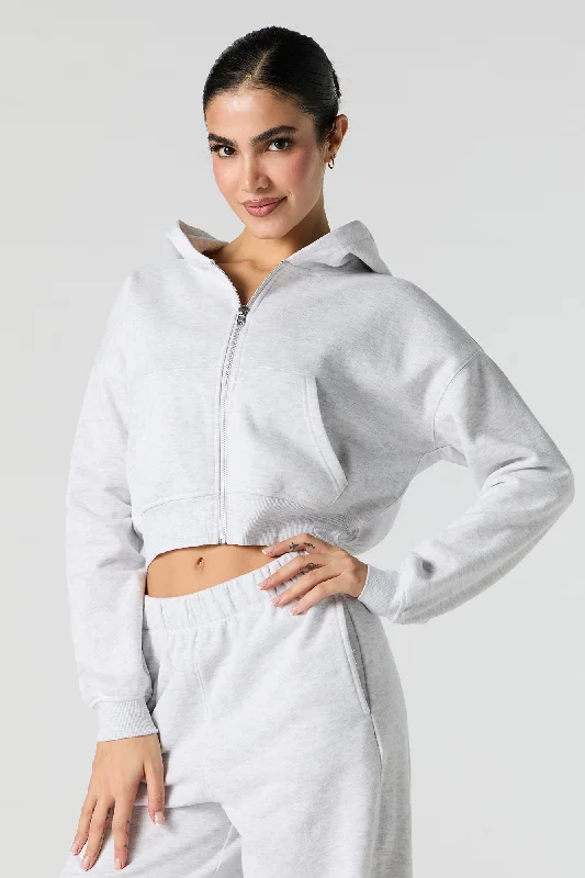 Solid Fleece Cropped Zip-Up Hoodie