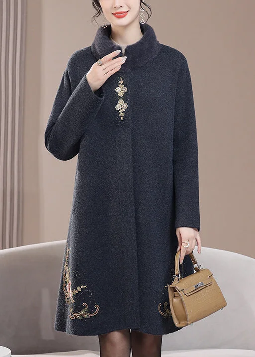 Loose Dark Gray Stand Collar Zircon Pockets Wool Coats Spring Hip Women's Urban