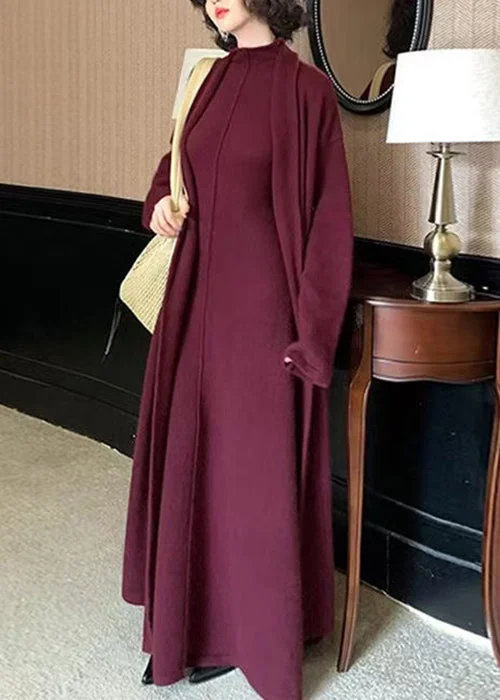 New Purple High Waist Coat And Dress Woolen Two Pieces Set Spring Traditional Women's 
