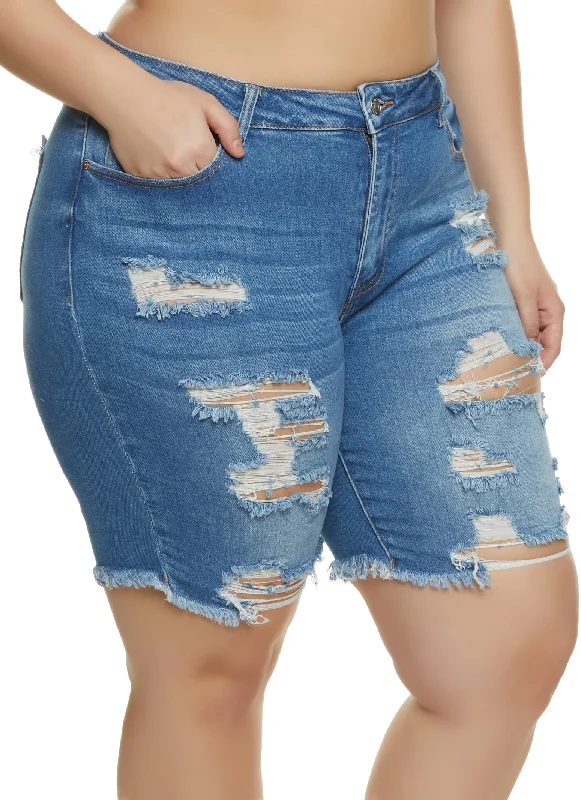 Plus Size Distressed Denim Bermuda Shorts Compression