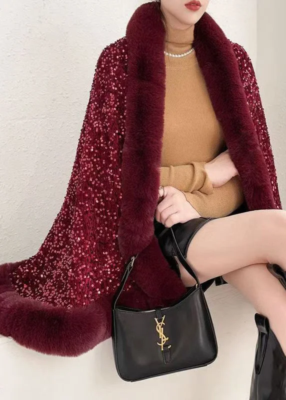 Chic Red Fur Collar Sequins Warm Fleece Cape Coat Winter Contemporary 