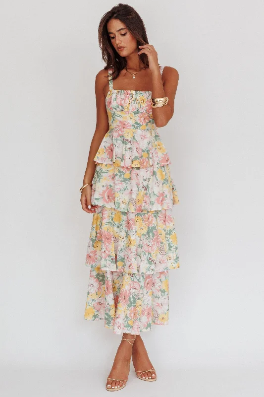 Provence Bloom Tiered Ruffle Maxi Dress Floral Geometric