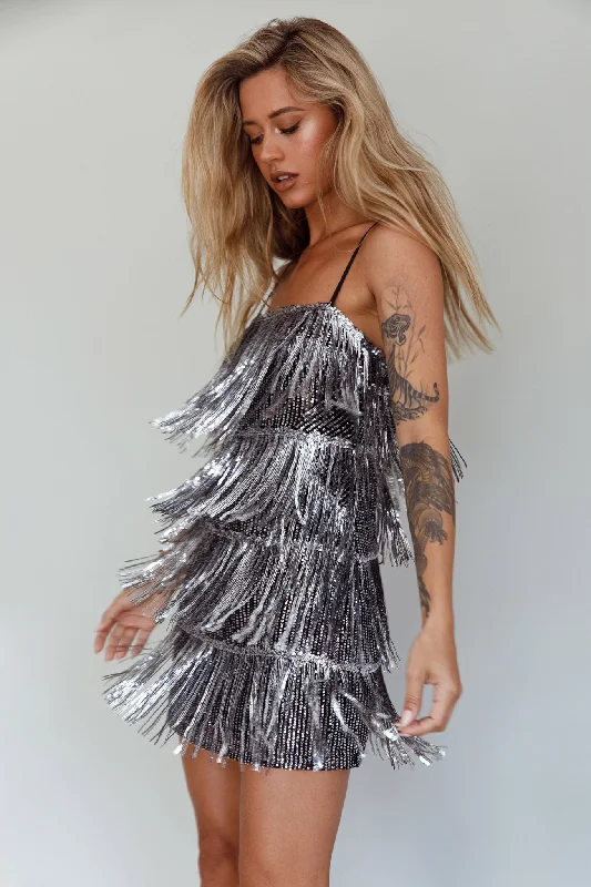 New York Nights Sequin Fringe Mini Dress Black French