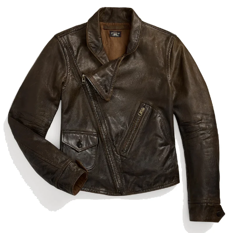 RRL by Ralph Lauren Womens Leather Moto Jacket Dark Sepia Artistic Women's Hand - painted