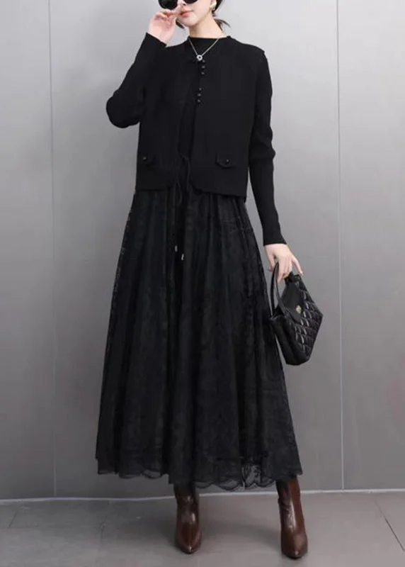 Black Button Waistcoat And A Line Skirts Lace Two Pieces Set Spring Dapper Women's Bow - adorned