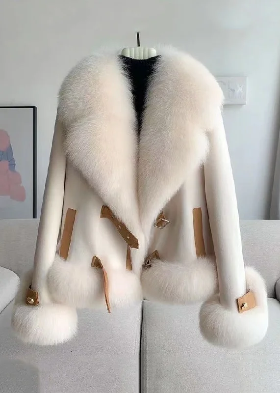 Elegant Beige Fur Collar Patchwork Woolen Coat Winter Relaxed Women's Beachy