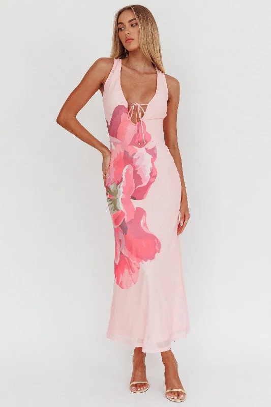 Cinders Tied Plunging Neckline Maxi Dress Flower Pink Confident Women's High - fashion