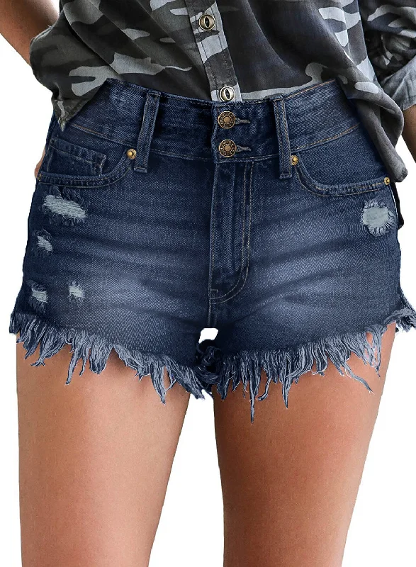 Women's Mid Rise Frayed Ripped Raw Hem Denim Jean Shorts Stylish Women's Neon