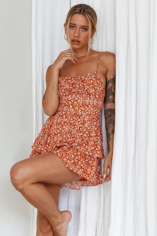 Well Versed Cowl Neck Flounce Romper Floral Orange Hip Women's Retro
