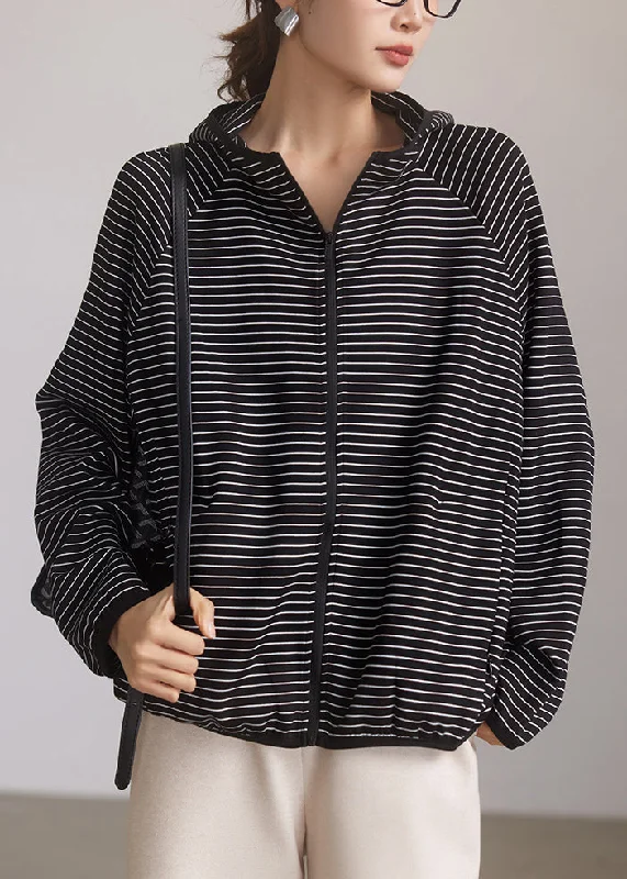 Casual Striped Hooded Zippered Pockets Cotton Coat Spring Feminine Women's Style 