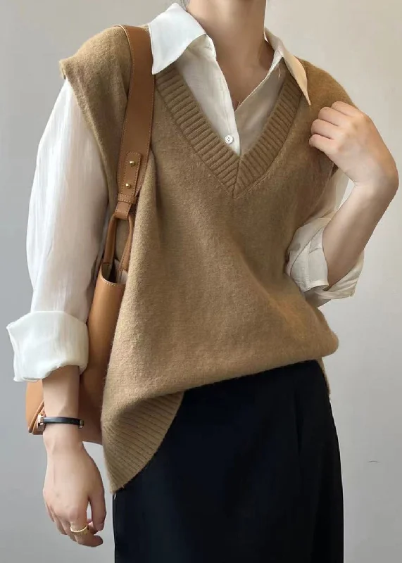 Simple Khaki V Neck Cozy Cashmere Knit Waistcoat Sleeveless Feminine Women's Style 