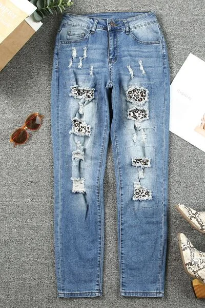 Leopard Distressed Pocketed Straight Jeans Earthy Women's Hemp - based