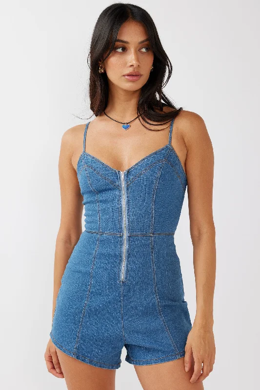 Lyric Cami Strap Zipper Front Romper Dark Blue Sporty Women's Athleisure 