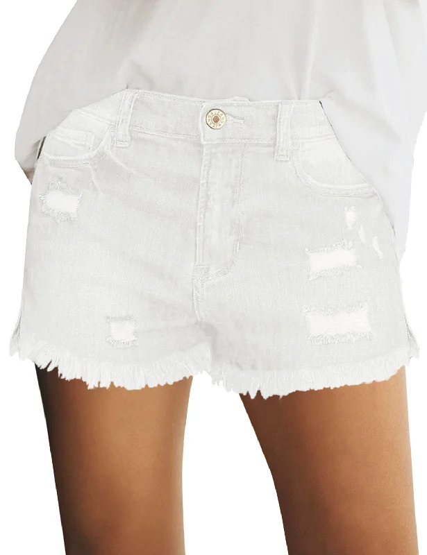 Women Summer High Waisted Sewn Cuffed Hem Buttons Denim Jean Shorts Stylish Women's Tropical 