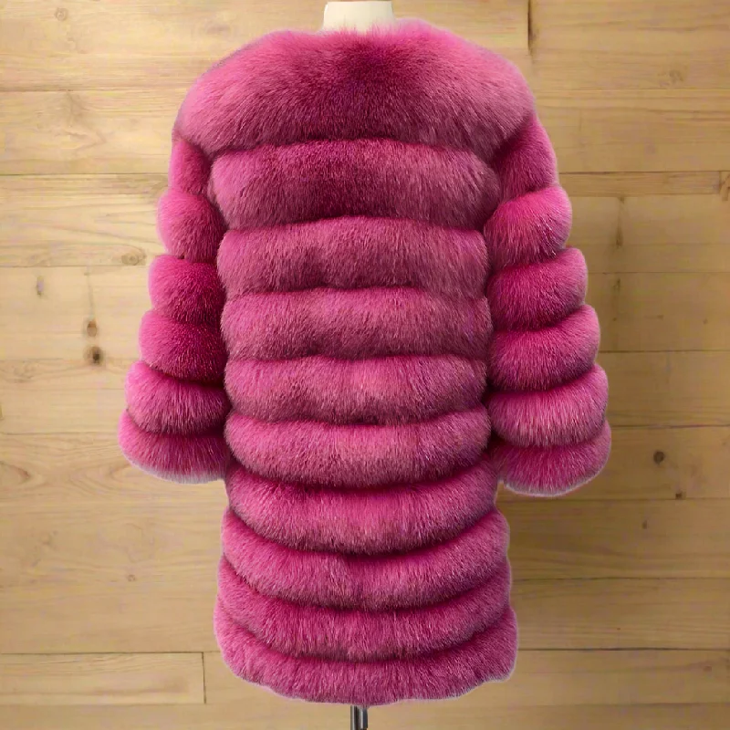Women's Real Fox Fur Nine Quarter Sleeve Winter Warm Thick Casual Style Coat Geometric