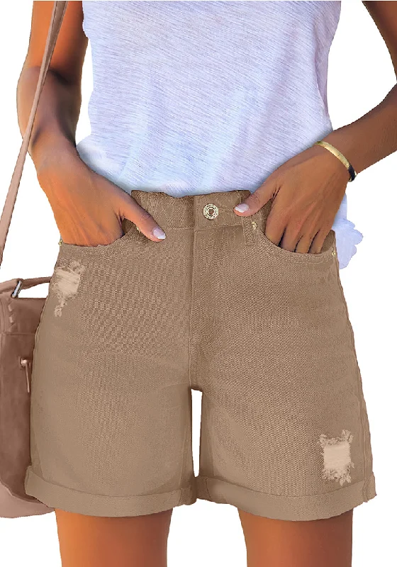 Women's Khaki High Waist Ripped Denim Shorts Rolled Hem Distressed Stretch Jeans Business