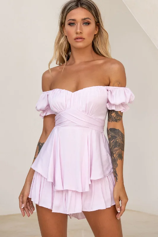 Linka Off-Shoulder Tie Back Romper Light Lilac Hip Women's Retro