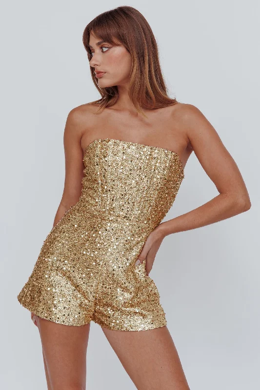 Vivid Dreams Strapless Sequin Romper Gold Tough Women's Military - inspired