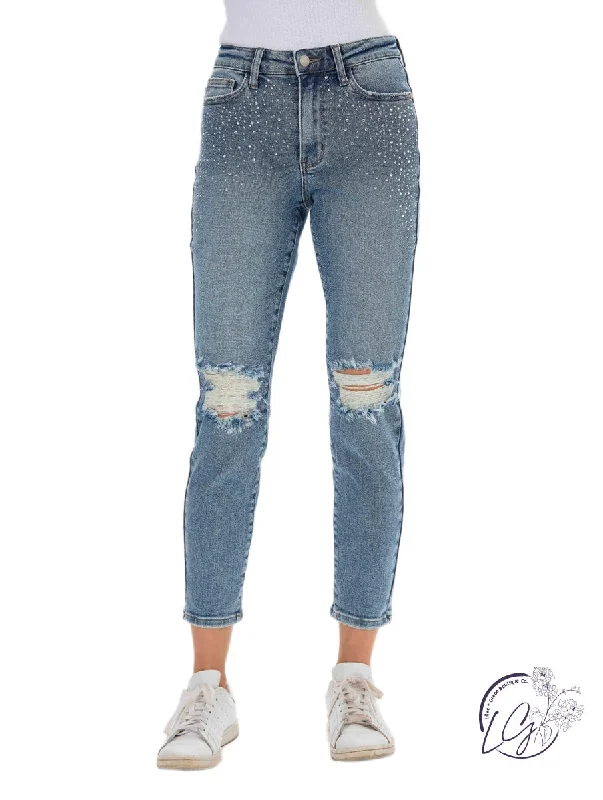 Jennifer Rhinestone Embellished w/ Destroy Slim By Judy Blue Relaxed Women's Beachy