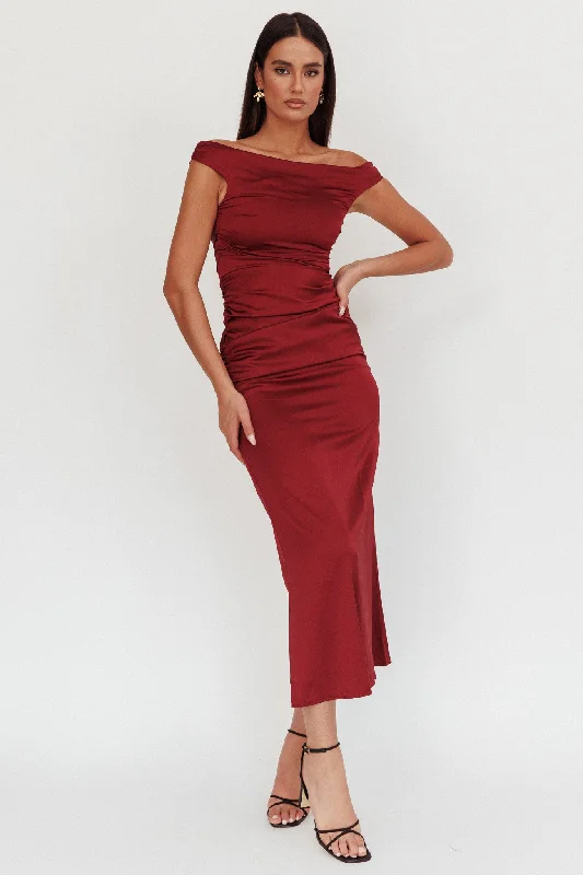 In Blooms Off Shoulder Satin Maxi Dress Wine Adventure