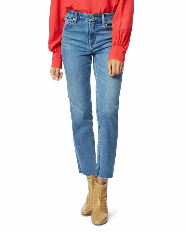 Lilly High Rise Distressed Raw Hem Straight Leg Jeans In Sapphire Blue Contemporary 