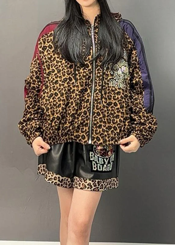 Casual Leopard Patchwork Zippered Hoodies Coats Spring Sophisticated Women's 