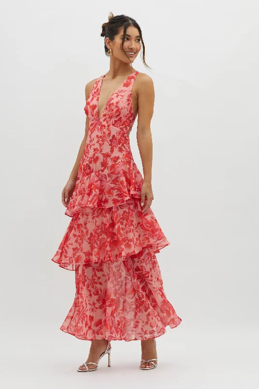 Veda Strappy Back Ruffle Midi Dress Floral Red Elegant Women's Formal 