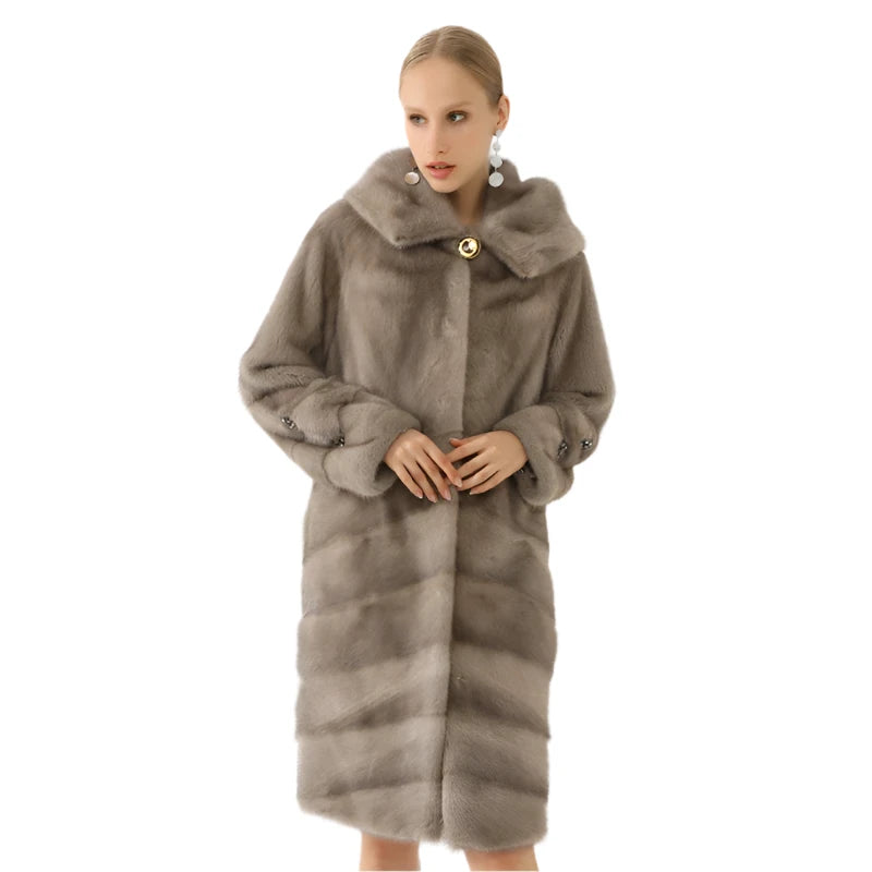 Women's Winter Luxury Genuine Leather Mink Fur Coat with Fur Hood Confident Women's High - fashion