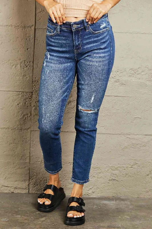 BAYEAS Mid Rise Distressed Slim Jeans Artistic Women's Hand - painted
