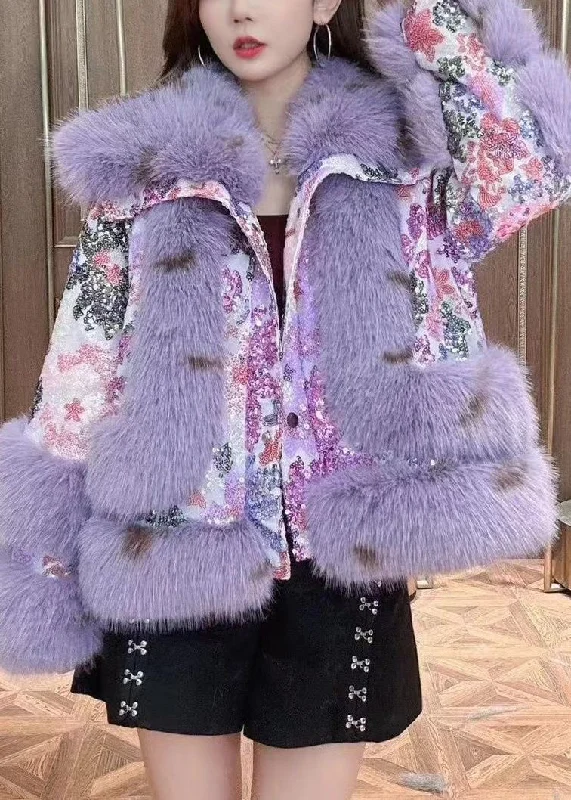 Art Purple Fluffy Sequins Patchwork Coats Winter Luxurious Women's High -  end