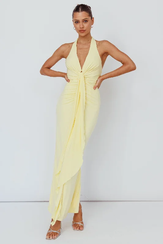Ray Of Light Ruched Halterneck Maxi Dress Lemon Earthy Women's 