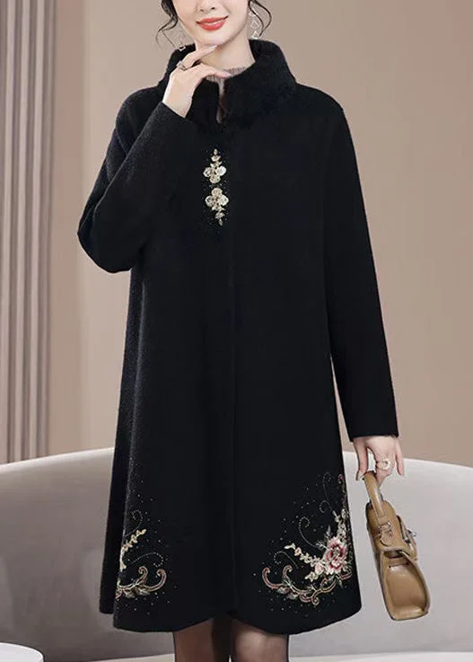 New Black Embroidered Zircon Wool Coats Spring Youthful Women's Pop