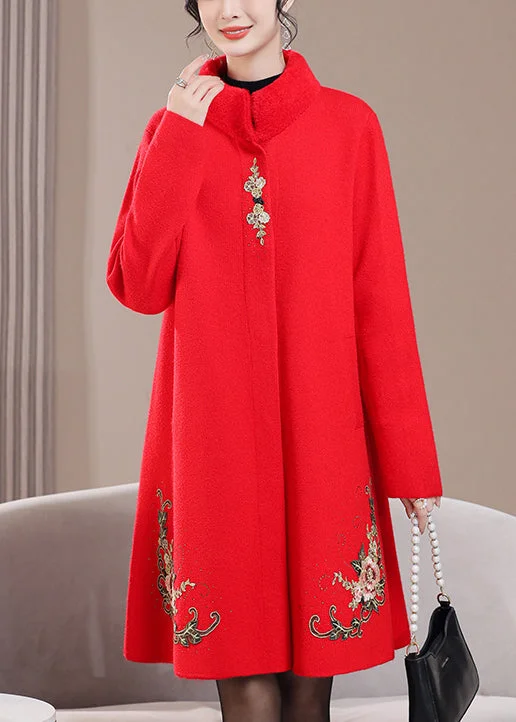 Red Pockets Zircon Wool Spring Coats Stand Collar Athletic Women's High - 