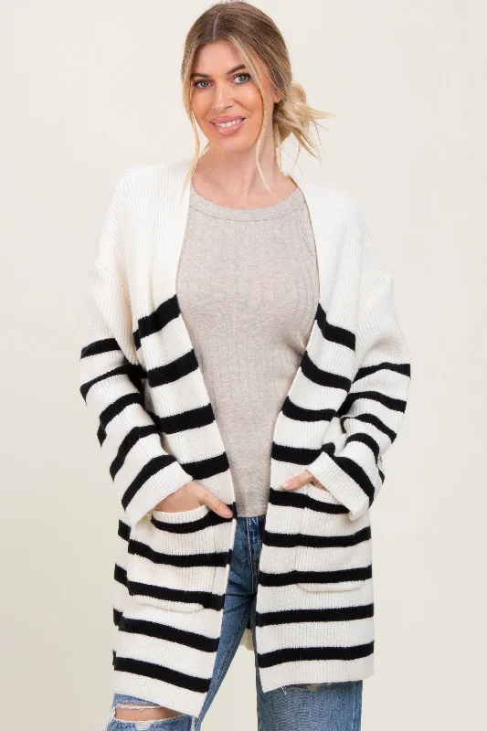 Ivory Black Knit Striped Long Cardigan