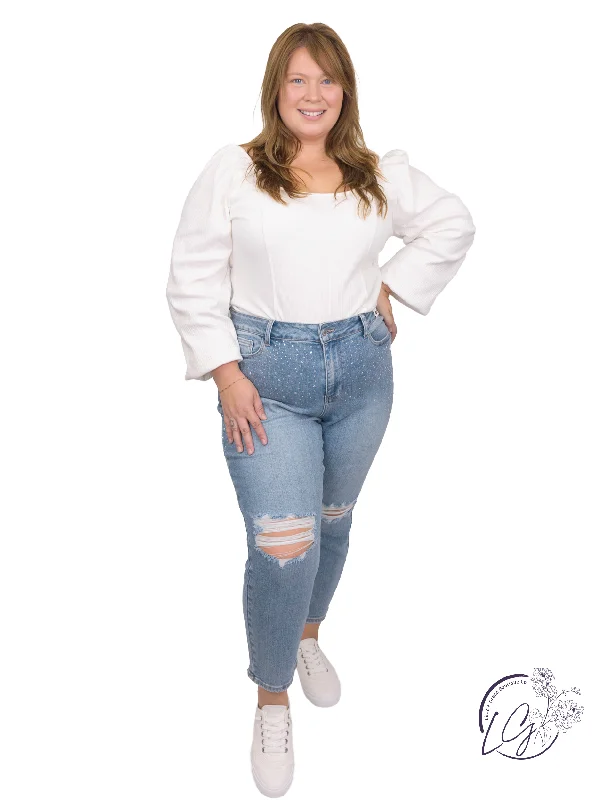 Curvy Jennifer Rhinestone Embellished w/ Destroy Slim By Judy Blue Women