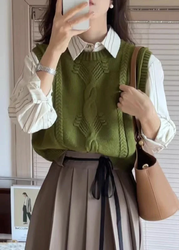 Women Green O Neck Patchwork Cozy Cotton Knit Waistcoat Sleeveless Casual Women's Loose - fitting