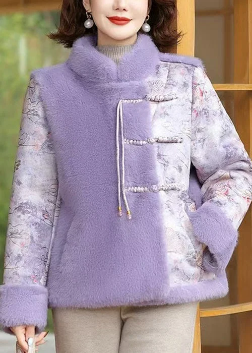 Purple Pockets Patchwork Mink Velvet Coat Stand Collar Winter British Gentlewoman Style