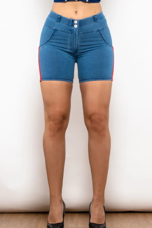 Full Size Side Stripe Buttoned Denim Shorts Elegant Women's Formal 