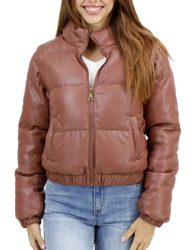 Butter Faux Leather Puffer Jacket/vest In Clay