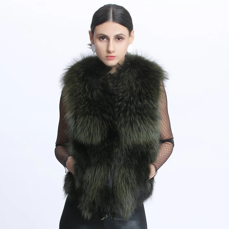 Women's Real Raccoon Fur Sleeveless V Neck Warm Winter Vest Jacket Confident Women's High - fashion