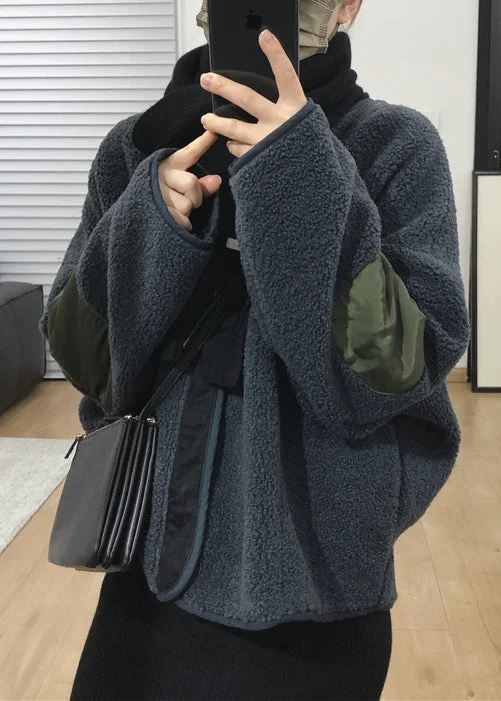 French Dark Gray Zippered Patchwork Teddy Faux Fur Coats Winter Laid - back Women's Style
