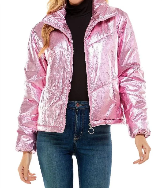 Angelika Metallic Puff Jacket In Pink