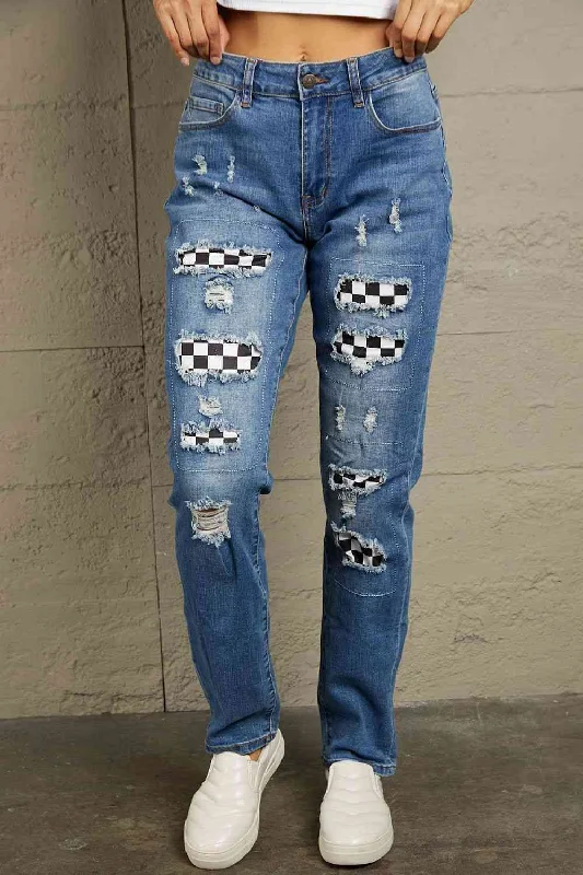 Baeful Checkered Patchwork Mid Waist Distressed Jeans Tough Women's Military - inspired